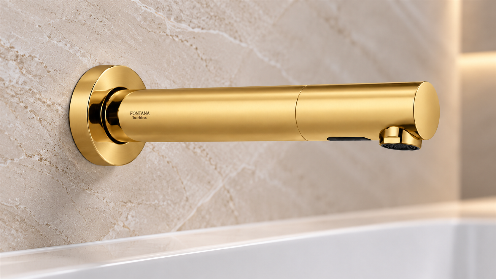 Chrome commercial wall-mounted motion sensor faucet installed over a marble sink